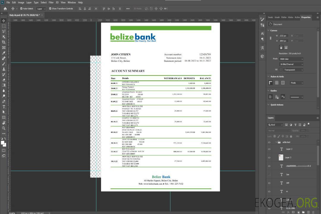 Relevé bancaire du Belize template